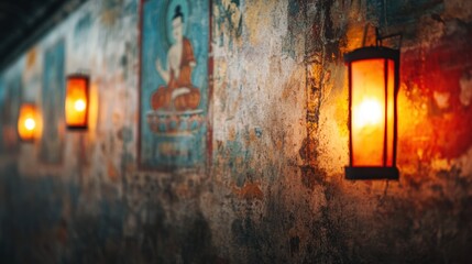 Close-up of ancient Buddhist murals inside a temple, illuminated by warm golden light reflecting on intricate artwork