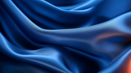 Fototapeta premium Luxurious Blue Satin Fabric with Flowing Waves and Touch of Warm Hues