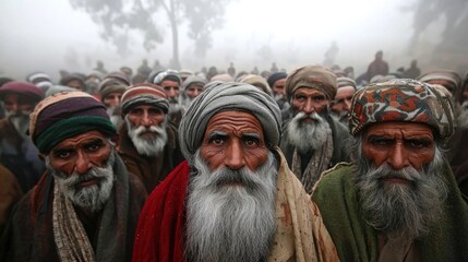 A gathering of Pashtun men in Pakistan is shrouded in fog, showcasing the faces of an ancient culture.