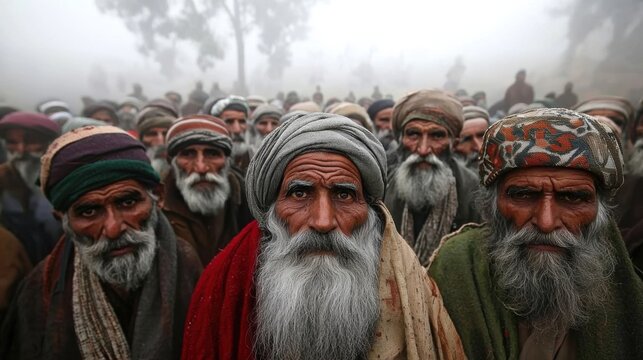 A gathering of Pashtun men in Pakistan is shrouded in fog, showcasing the faces of an ancient culture.