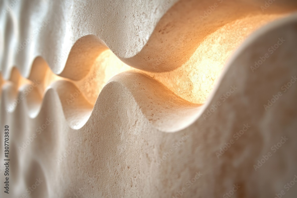 Poster sculptural wall art with wave-like forms, illuminated from within, creating a soft, ambient glow.