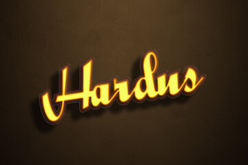 Yellow Neon Light Text Effect of name Hardus on Golden background.