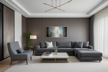 An elegant, contemporary living room with modern furnishings, abstract art, and natural light accentuating a clean, luxurious design—perfect for interior design and lifestyle projects