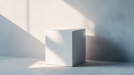 Fototapeta premium Minimalist white cube in sunlit room with subtle shadows, mockup of a box with a blank space