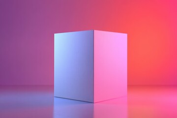 Minimalist cube in colorful gradient lighting on reflective surface
