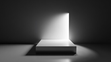 Minimalist white pedestal in dramatic light and shadows setup