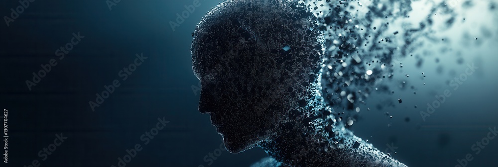 Poster floating digital particles create a human silhouette representing ai driven politics in a futuristic