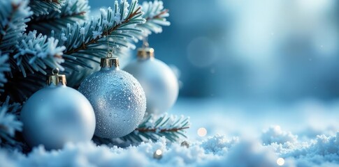 Shimmering white tree ornaments amidst icy blues and silvers, sparkling decorations, frozen fractals, festive atmosphere