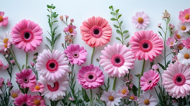 A flat lay of pink, daisy-like flowers suggests floral patterns and spring-themed background