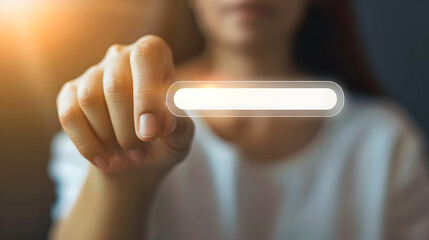 Person hand pointing to a Futuristic transparent Search Bar Interface