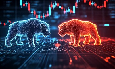 A digital illustration depicts the financial market's bear and bull market concept confrontation.