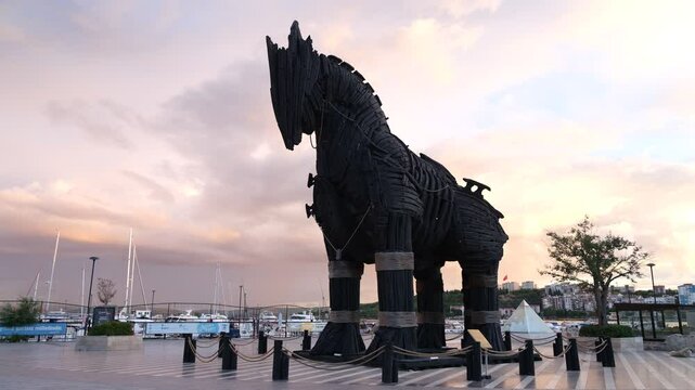 Canakkale, Turkey - 10.16.2024: The Trojan Horse on the coast of Canakkale. The wooden horse was used in the film Troy in 2004. 4k video 
