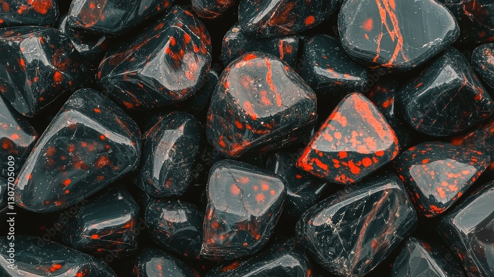 Poster close-up of a pile of small, irregularly shaped stones. the stones are black in color and have a glo