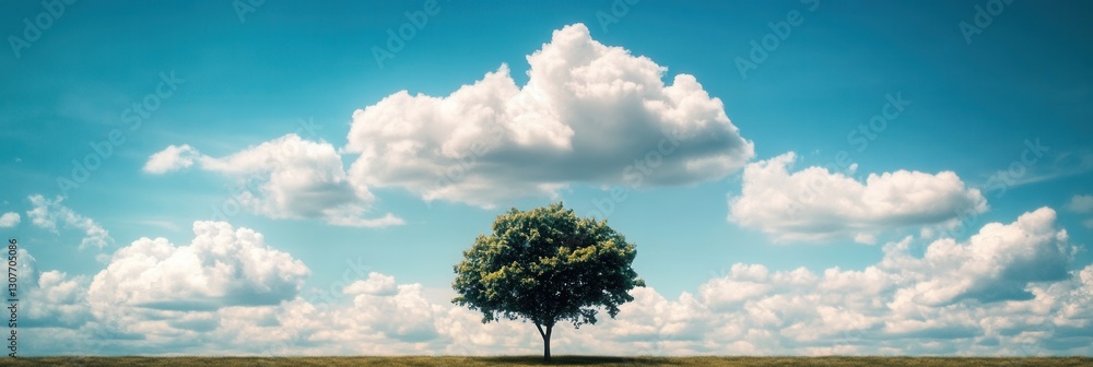 Aufkleber majestic lone tree stands against a bright blue sky filled with fluffy, white clouds in a serene lan