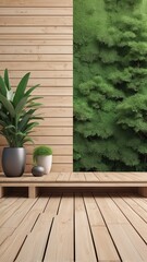 Modern contemporary empty wooden terrace with blank plank wall for copy space 3d render surrounded by green nature