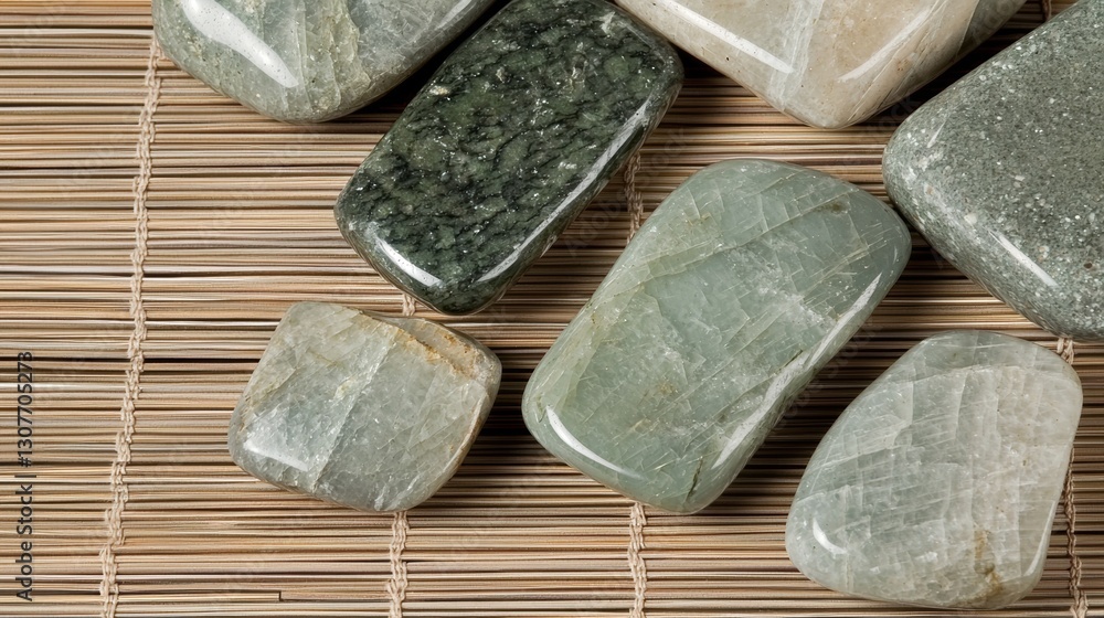 Poster group of seven stones arranged on a bamboo mat. the stones are of different sizes and shapes, with s