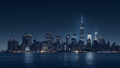 Obraz premium Minimalist urban skyline silhouette at night over calm water, tranquility