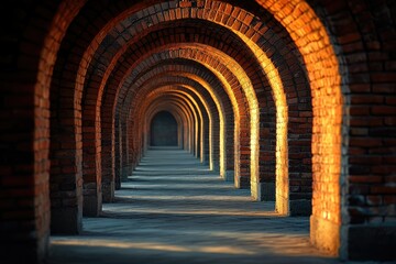 Fototapeta premium A long corridor with brick arches illuminated by sunlight, creating a captivating perspective.