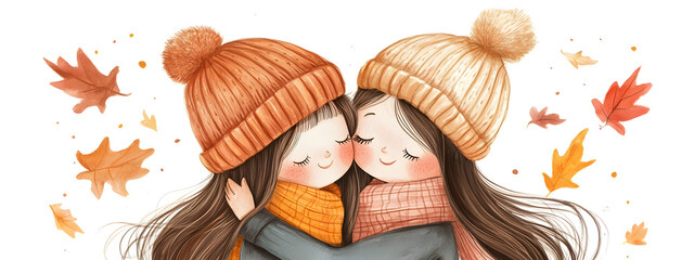 Two cute cartoon girls hugging each other
