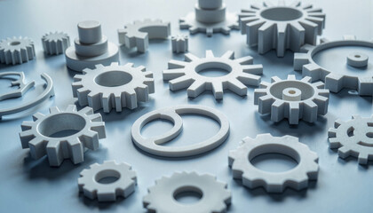 Variety of plastic engineering components on tabletop, manufacturing concept