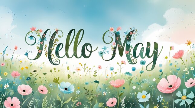 vibrant meadow filled with colorful flowers under a bright blue sky, with the words "Hello May" written in a whimsical, floral-decorated font across the scene.