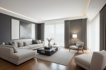 An elegant, contemporary living room with modern furnishings, abstract art, and natural light accentuating a clean, luxurious design—perfect for interior design and lifestyle projects