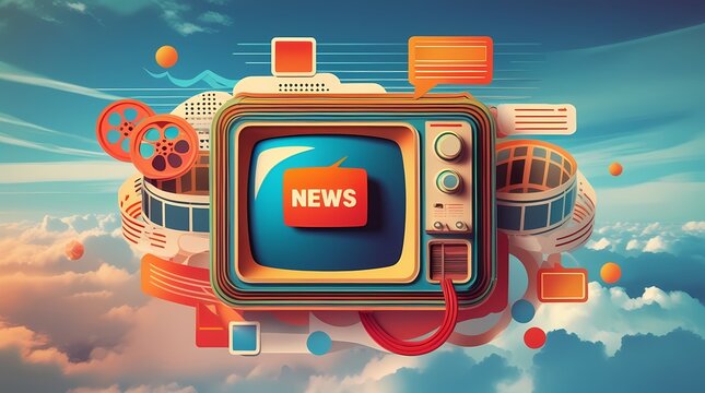 vibrant retro TV displaying the word "NEWS" on its screen, surrounded by colorful film reels, speech bubbles, and abstract shapes against a dreamy sky with clouds.