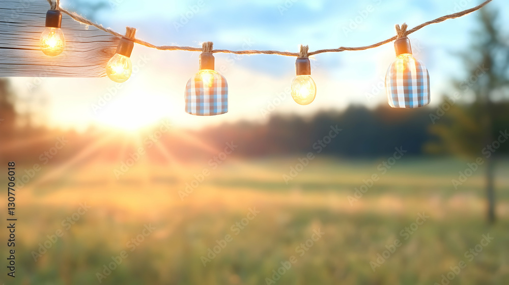 Poster rustic string lights illuminate a sunset over a field, perfect for a summer evening party or event i