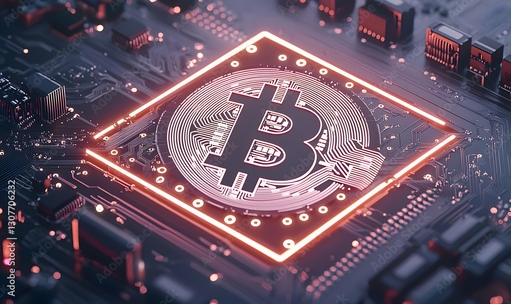 Poster bitcoin symbol embedded in circuit board technology background