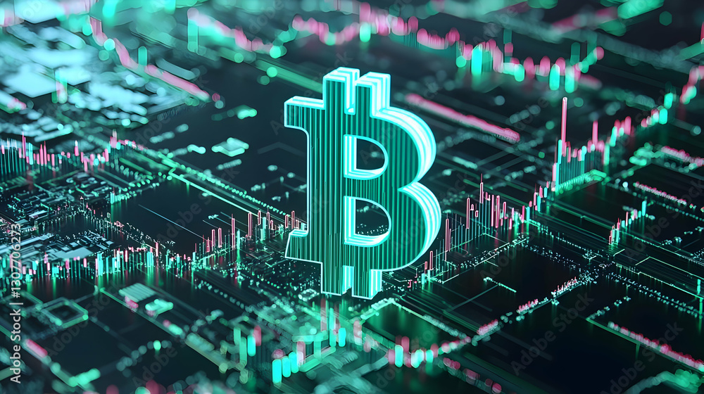 Poster digital bitcoin symbol over abstract blockchain network background