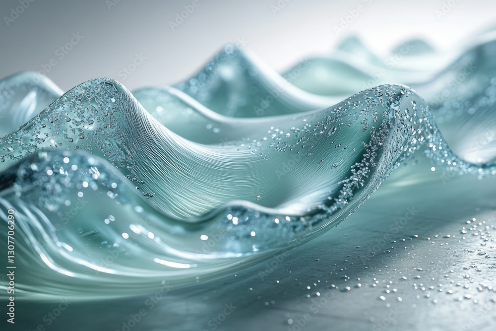 Poster sculptural glass art depicting flowing waves, capturing light and texture with embedded bubbles.