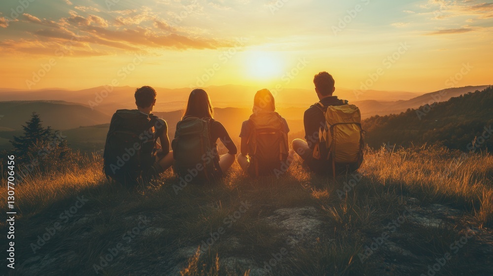 Aufkleber Friends enjoying a sunset view from a mountain top in a serene landscape during golden hour Generative AI