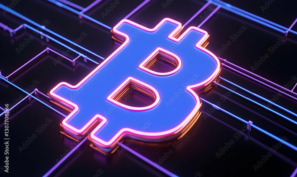 Poster neon bitcoin symbol illuminated with modern digital circuitry