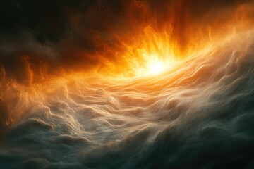 Fiery cosmic landscape, swirling clouds illuminated by a radiant, celestial light source.