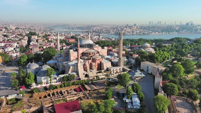 Istanbul, Turkey: Aerial view of largest Turkish city, famous historic landmark and museum Topkapi Palace (Topkapı Sarayı), sunny summer day - landscape panorama of Europe / Asia from above

