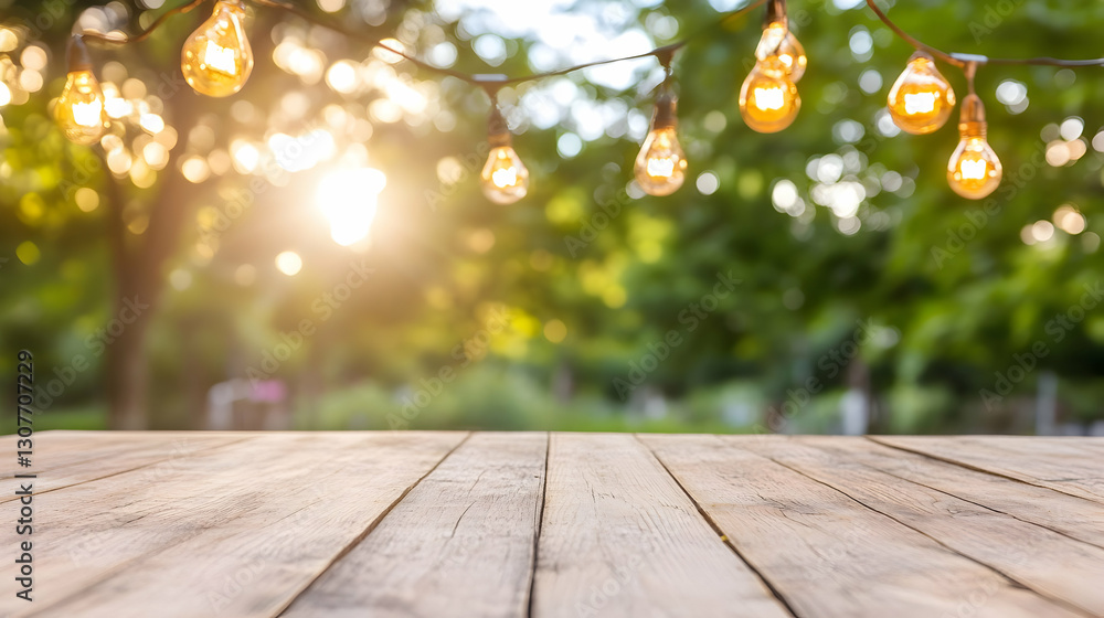 Poster rustic wooden table in a sunlit garden with string lights, perfect for displaying products or showca