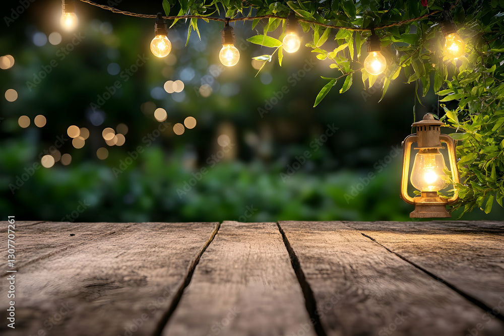 Poster rustic wooden table at night in a garden with string lights and lantern; perfect for product display