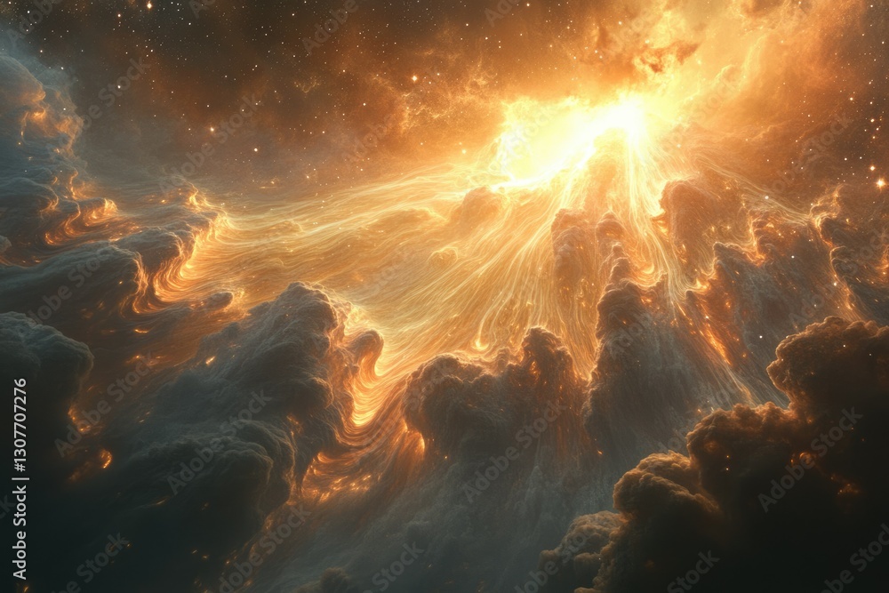 Poster a celestial landscape of swirling golden clouds and nebulae, illuminated by a radiant central light 