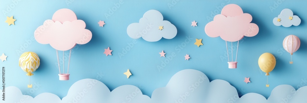 Poster charming paper art background with pastel clouds, balloons, and twinkling stars to create a whimsica