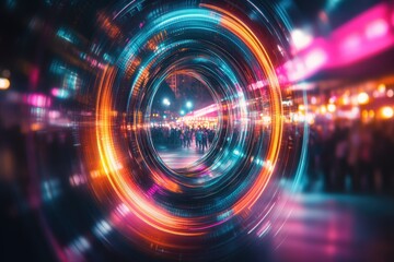 A swirling vortex of vibrant light reveals a bustling city street at night, showcasing a blend of futuristic and urban elements.