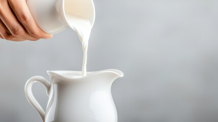 A hand pouring fresh milk into a white pitcher with a smooth background.
