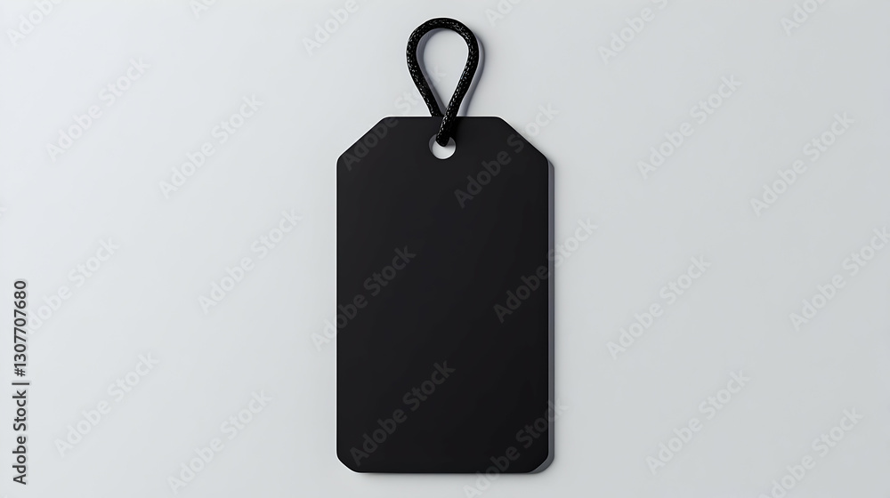 Aufkleber blank black tag with string loop on grey background for labeling