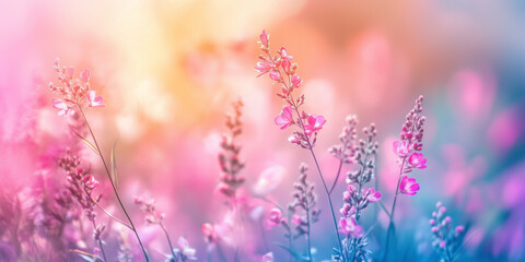 Beautiful spring flowers in the meadow, with a colorful background. The blurred background creates a dreamy effect for cosmetics, spa, perfume, beauty salon, florist shop, invitation, gift card