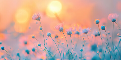 Beautiful spring flowers in the meadow, with a colorful background. The blurred background creates a dreamy effect for cosmetics, spa, perfume, beauty salon, florist shop, invitation, gift card