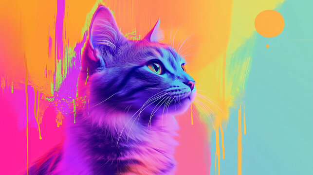 Abstract cat with artistic shades and surreal neon drips, merging creativity with a futuristic aesthetic.