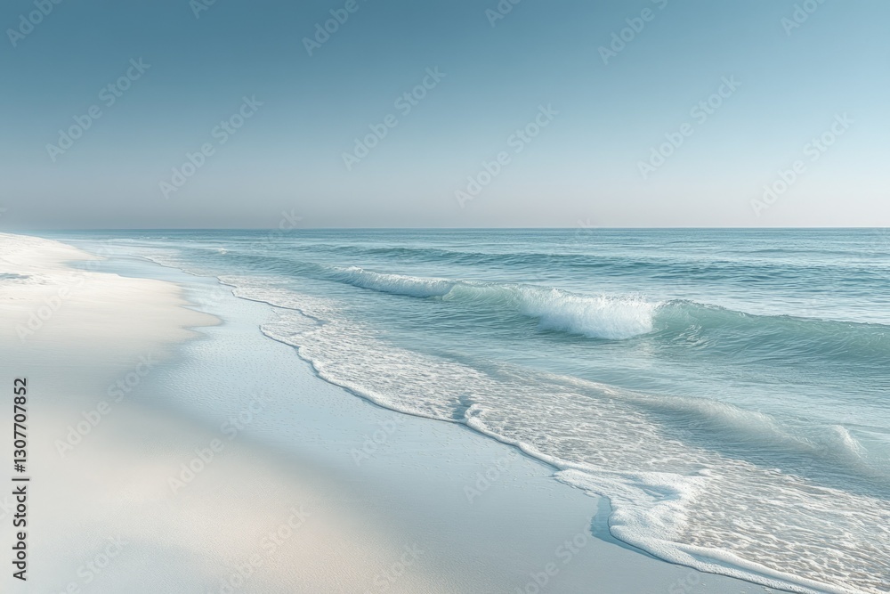 Poster serene beach scene with gentle waves lapping on pristine white sand under a clear sky.