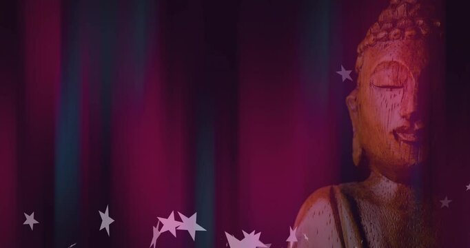 Buddha statue with star patterns against vibrant purple and pink background animation