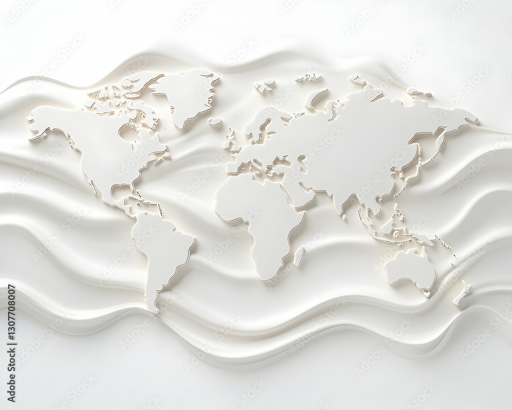 Poster embossed world map on wavy surface; global connectivity concept; abstract art; website banner