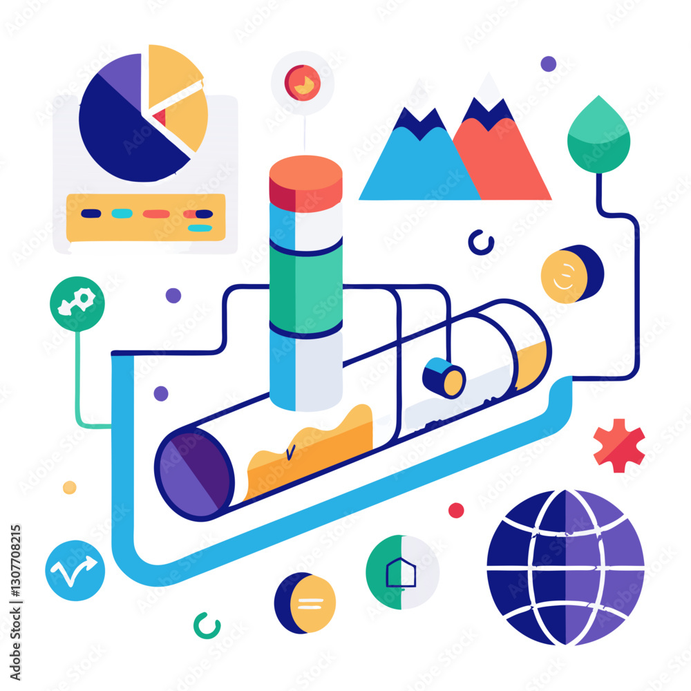 Poster raw data flows through a pipeline, evolving into visual representations with various charts, graphs,