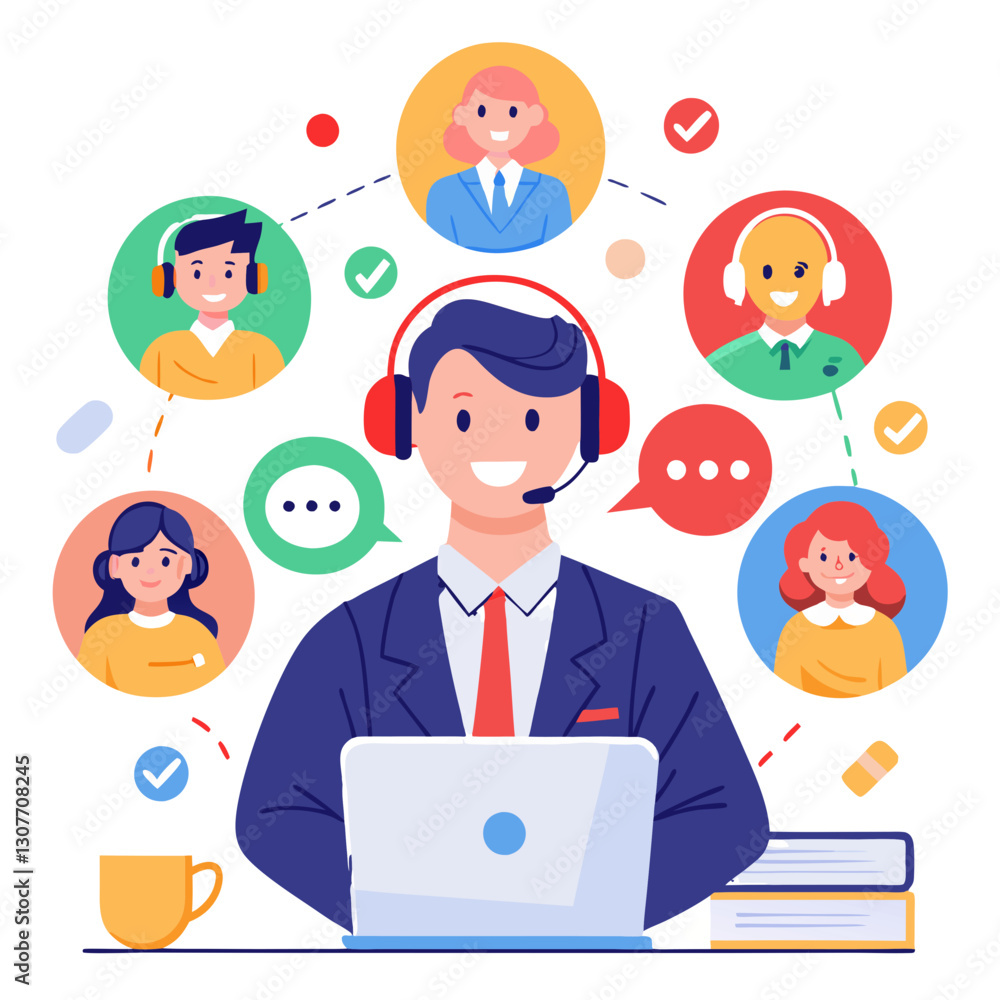 Poster a support agent wearing headphones interacts with several clients through a laptop, efficiently reso